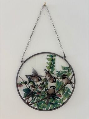 Canadian hand made glass wall hanging birds greenery 9.5" diameter chain hanger